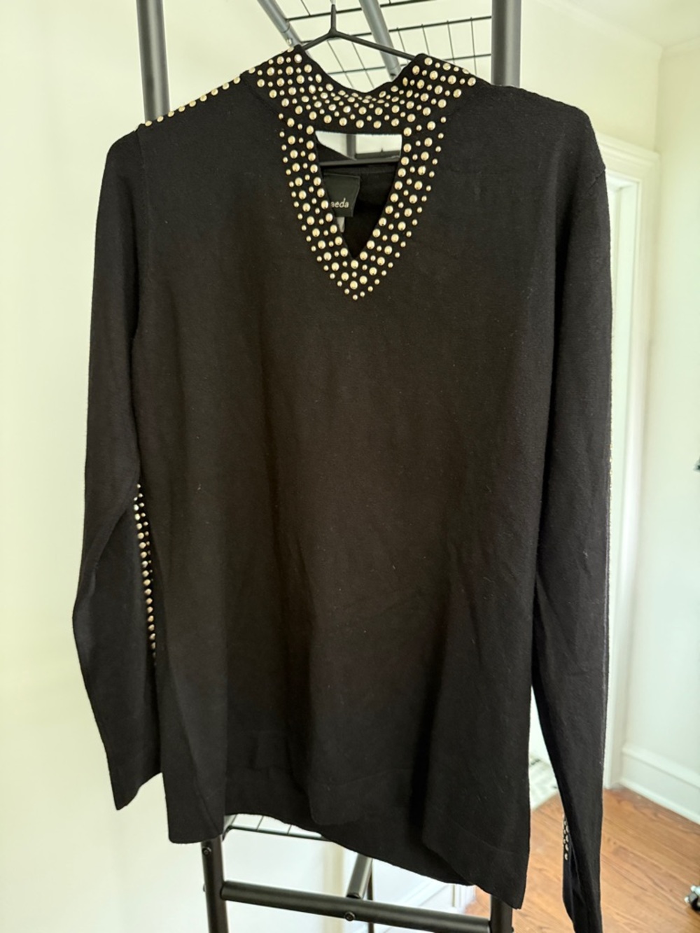 Womens Black V-Neck Sweater with Gold Stud Detailing